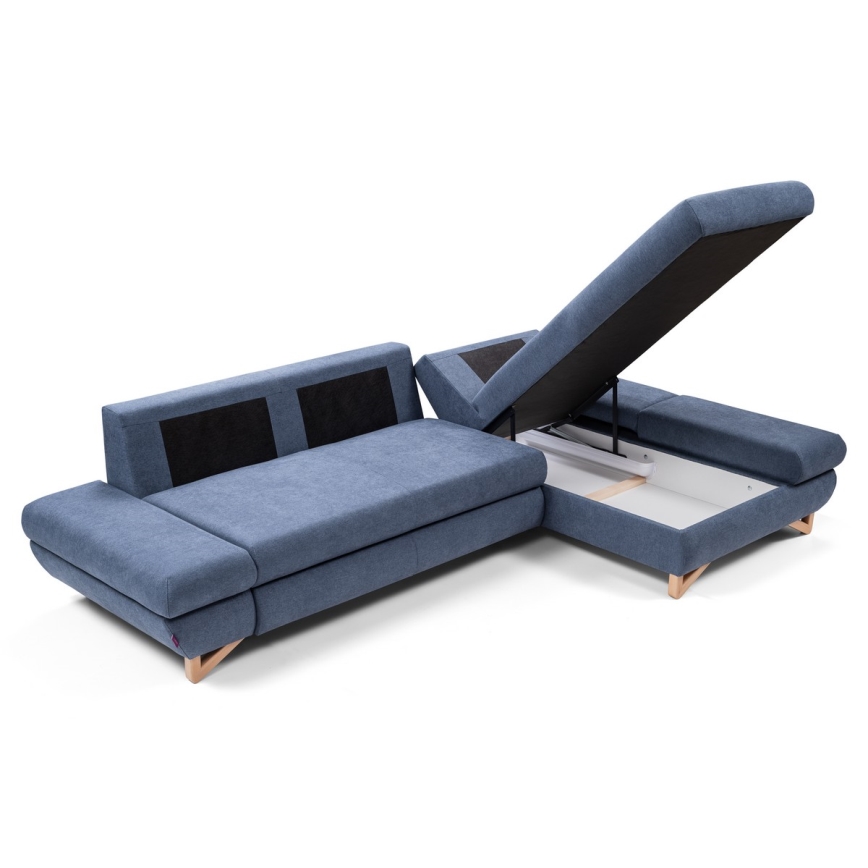 Colțar extensibil tapițat AVESTA, cu spațiu de depozitare, în formă de L, pe partea dreaptă, albastru