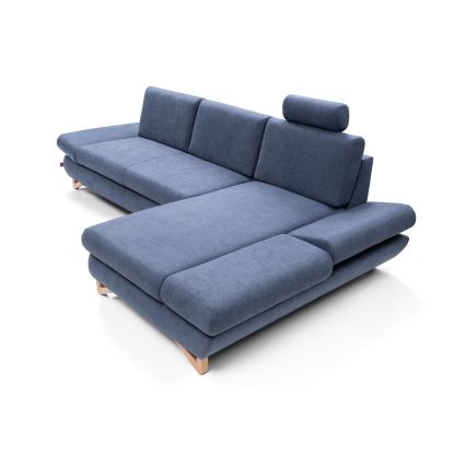 Colțar extensibil tapițat AVESTA, cu spațiu de depozitare, în formă de L, pe partea dreaptă, albastru