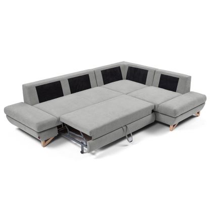 Colțar extensibil AVESTA, tapițat, cu spațiu de depozitare, formă L, pe partea dreaptă, gri