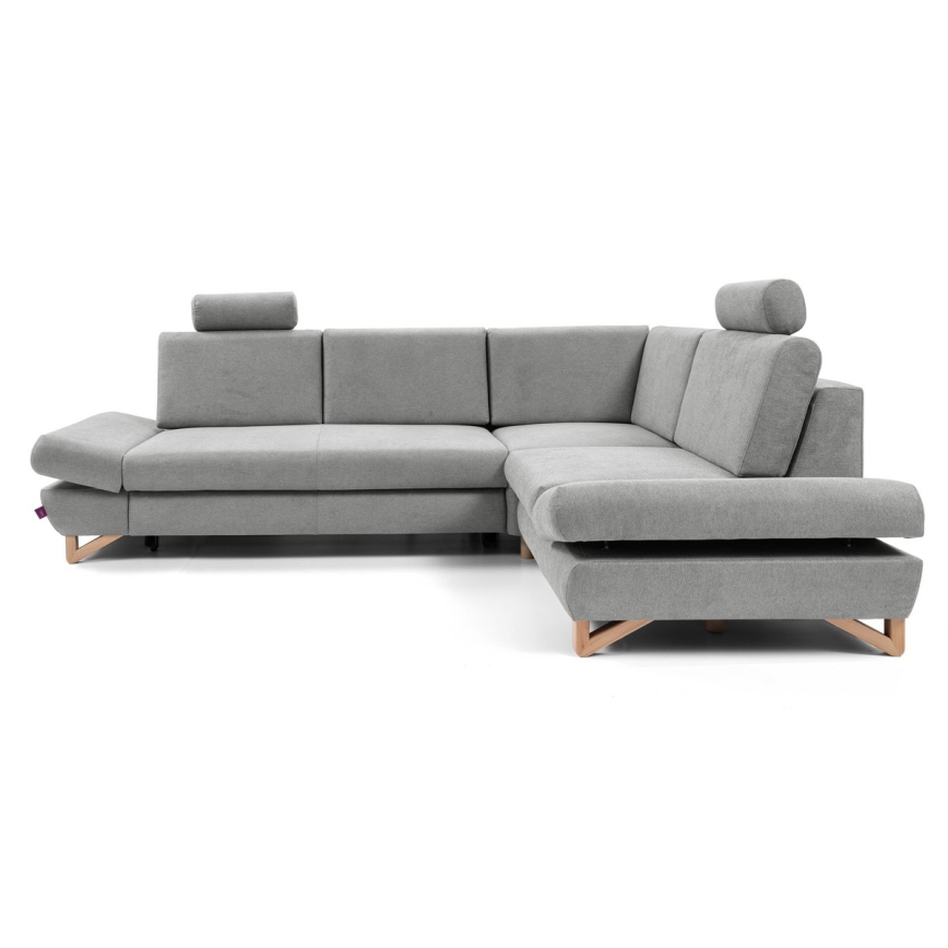 Colțar extensibil AVESTA, tapițat, cu spațiu de depozitare, formă L, pe partea dreaptă, gri