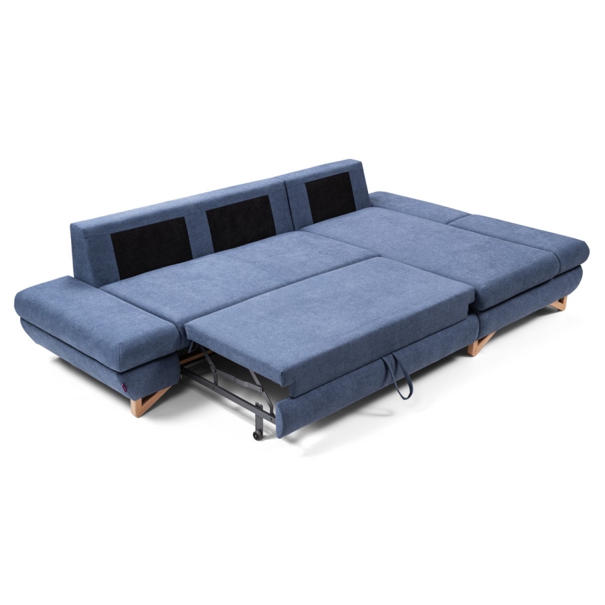 Colțar tapițat extensibil AVESTA, în formă de L, cu spațiu de depozitare, orientare dreapta, albastru