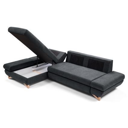 Colțar extensibil tapițat AVESTA, formă L, cu spațiu de depozitare, orientare pe stânga, antracit