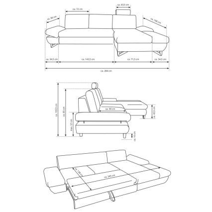 Colțar extensibil tapițat AVESTA, formă L, cu spațiu de depozitare, orientare pe stânga, antracit