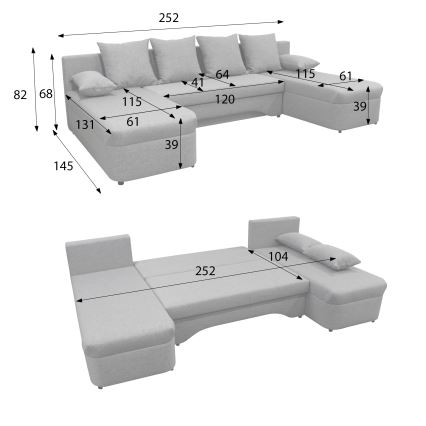 Colțar extensibil universal în U ALMEIDA, antracit, cu spațiu de depozitare