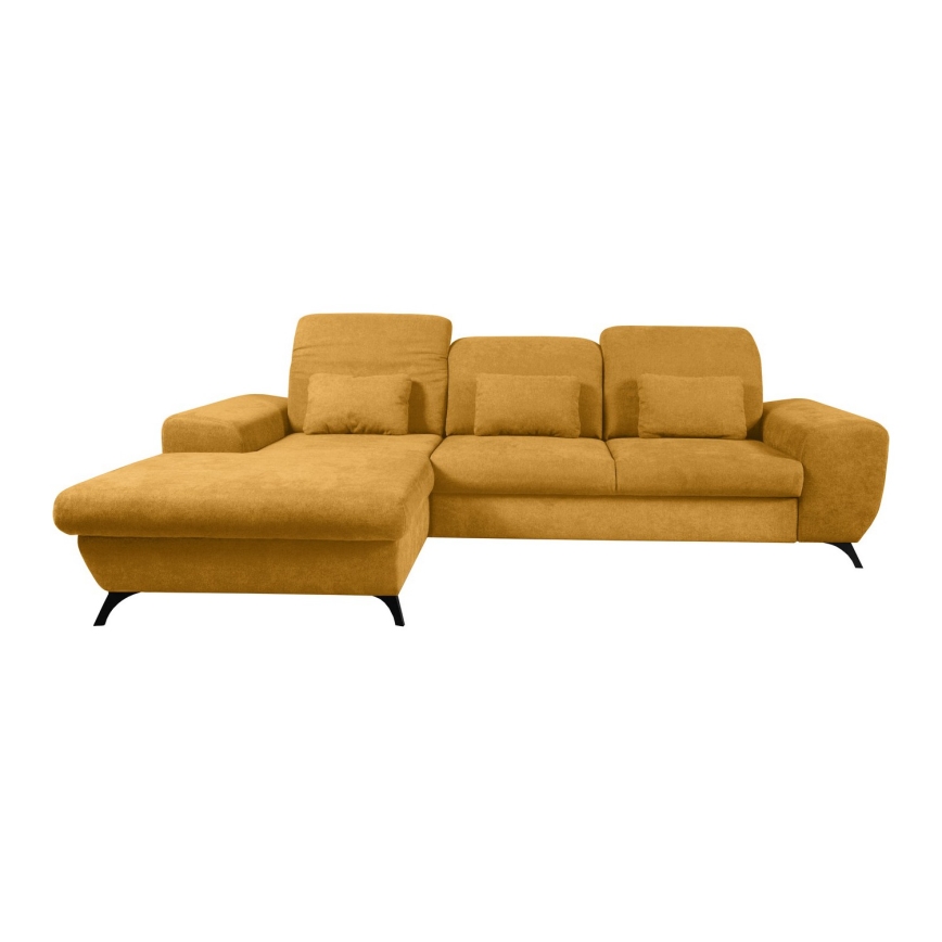 Colțar tapițat extensibil ALTA, în formă de L, versiune stânga, cu spațiu de depozitare, galben