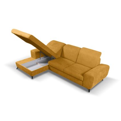 Colțar tapițat extensibil ALTA, în formă de L, versiune stânga, cu spațiu de depozitare, galben