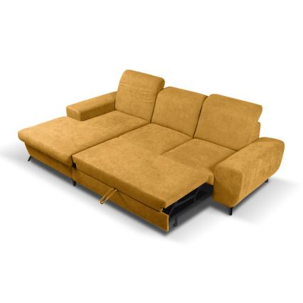 Colțar tapițat extensibil ALTA, în formă de L, versiune stânga, cu spațiu de depozitare, galben