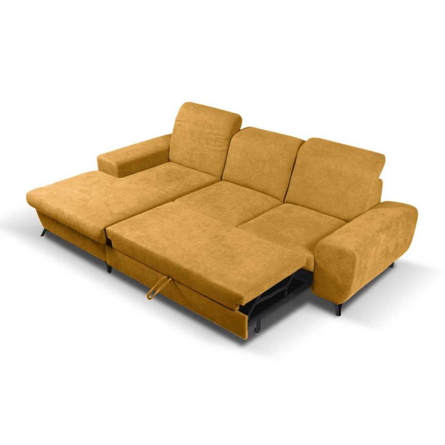 Colțar tapițat extensibil ALTA, în formă de L, versiune stânga, cu spațiu de depozitare, galben