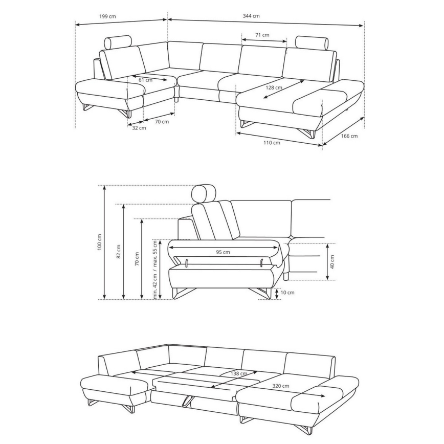 Colțar tapițat extensibil AVESTA în formă de U, cu spațiu de depozitare, gri