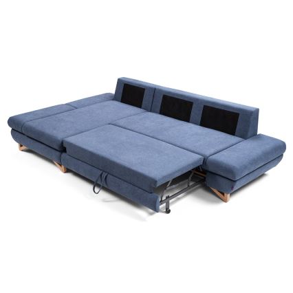 Colțar extensibil AVESTA, tapițat, cu spațiu de depozitare, L, stânga, albastru