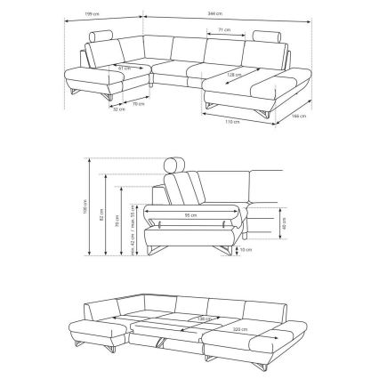 Colțar tapițat extensibil AVESTA, tip U, gri, cu spațiu de depozitare