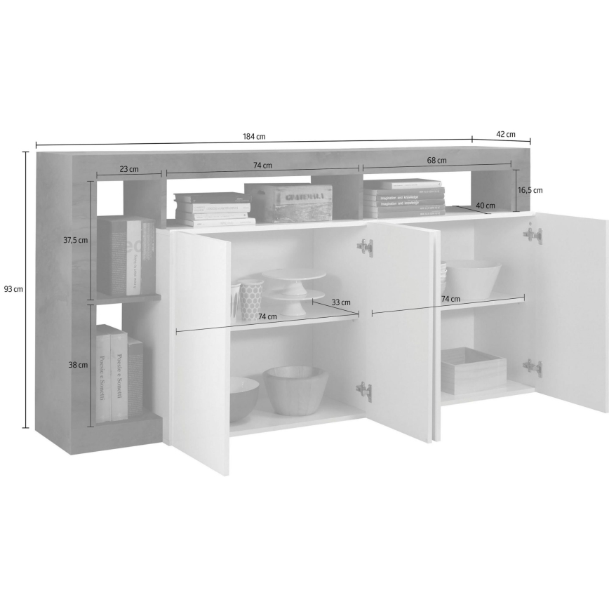 Comodă LENOR 184x93x42 cm alb/gri beton