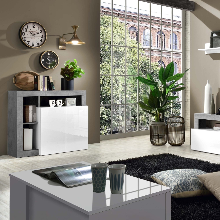 Comodă LENOR albă/gri, cu efect beton