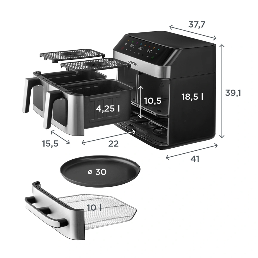 Concept FR9000 - Friteuză cu aer cald PIZZA TRIO 18,5 l 2700W/230V inox/negru