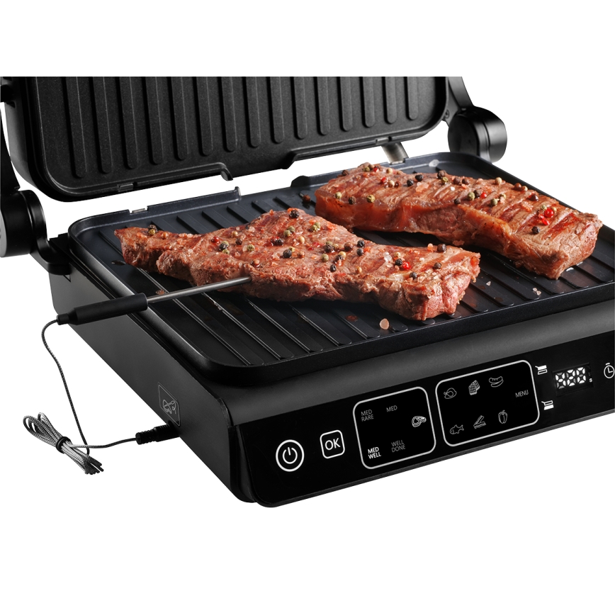 Concept ge3600 - Grill de contact cu sondă de temperatură GLASS 2000W/230V negru