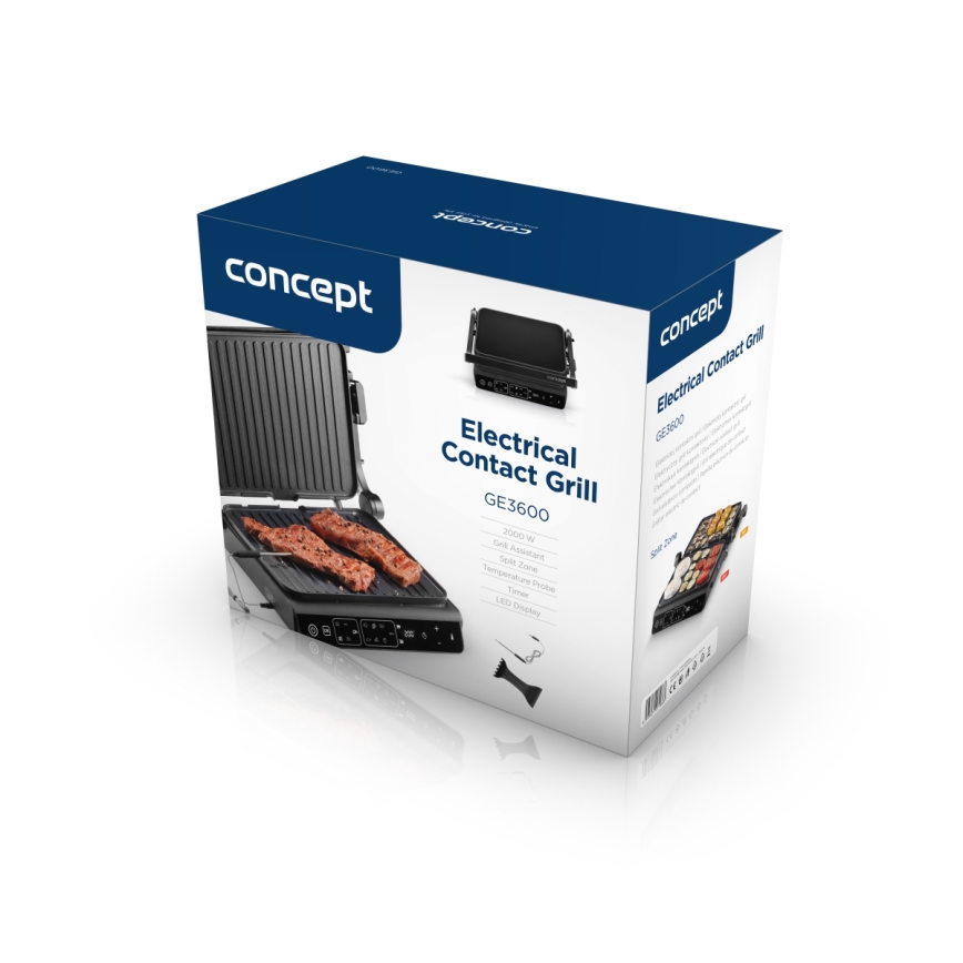 Concept ge3600 - Grill de contact cu sondă de temperatură GLASS 2000W/230V negru