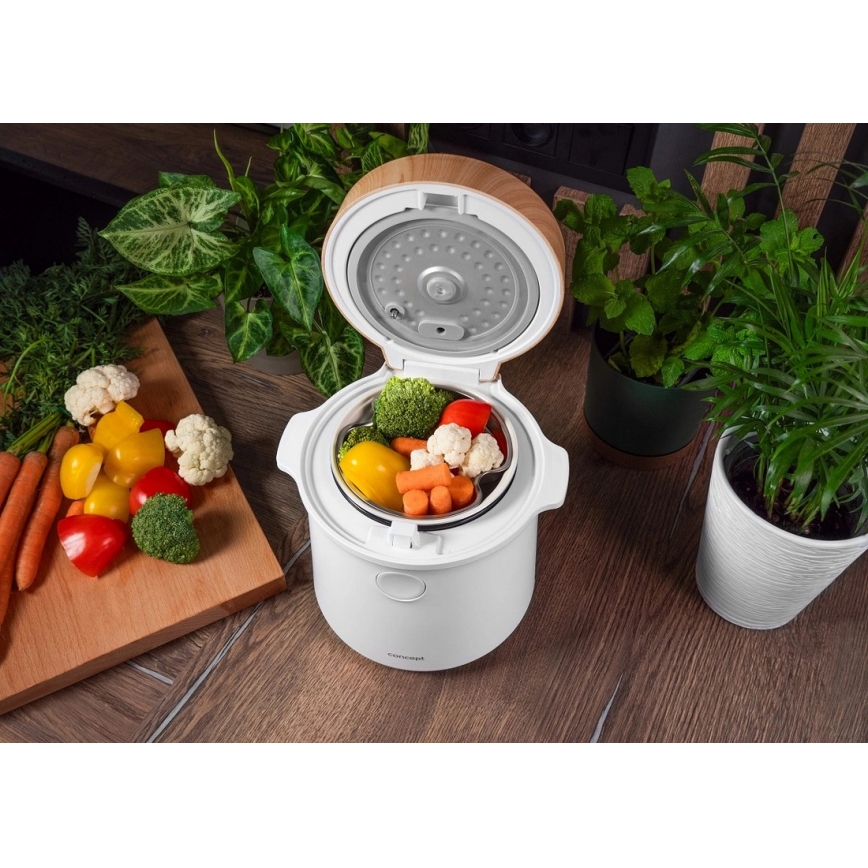 Concept RE3030 - Aparat digital pentru gătit orez 2 în 1 380W/230V 1,5 l alb/decor de lemn