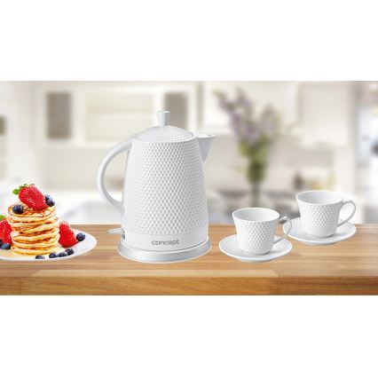 Fierbător electric Concept RK0040 - 1,5 l, 1500 W / 230 V, alb/ceramică + 2 cești cu farfurioare
