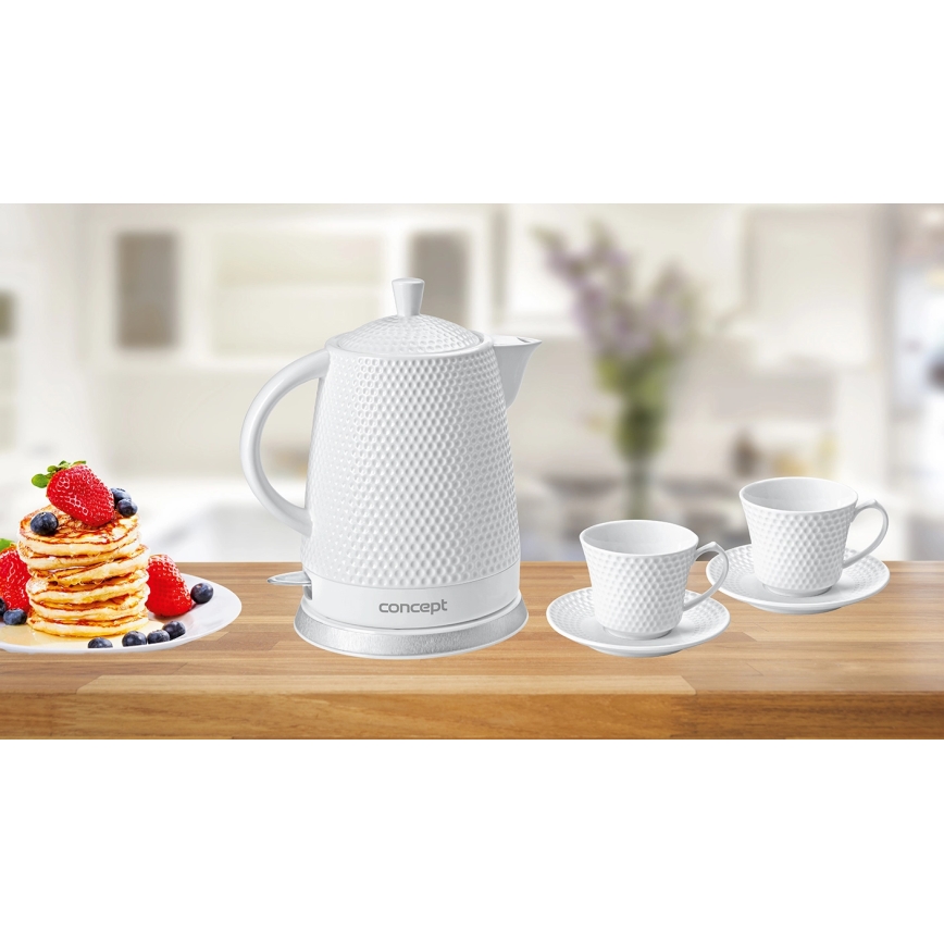 Fierbător electric Concept RK0040 - 1,5 l, 1500 W / 230 V, alb/ceramică + 2 cești cu farfurioare