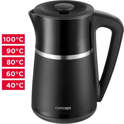 Concept RK3100 - Fierbător electric cu reglare a temperaturii, 1,7 l, 2200 W/230 V, negru