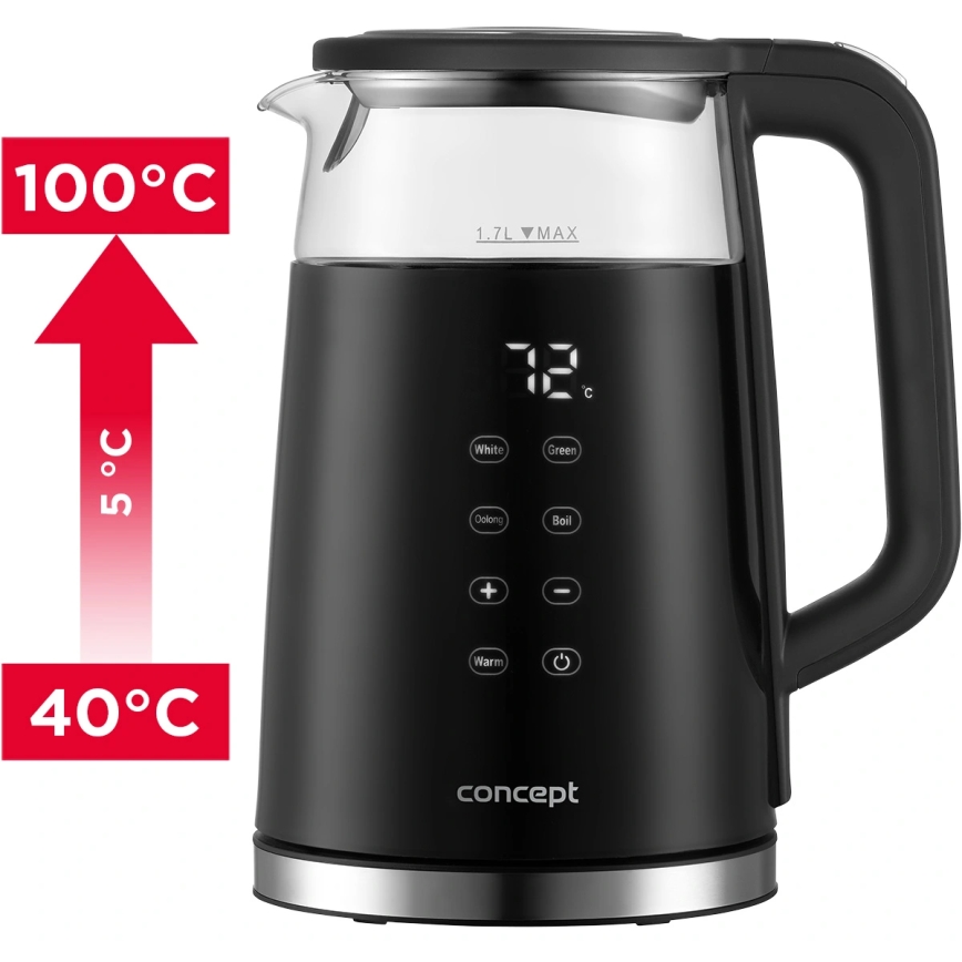 Concept RK4100 - Fierbător electric cu reglare a temperaturii, 1,7 l, 2200 W/230 V, negru