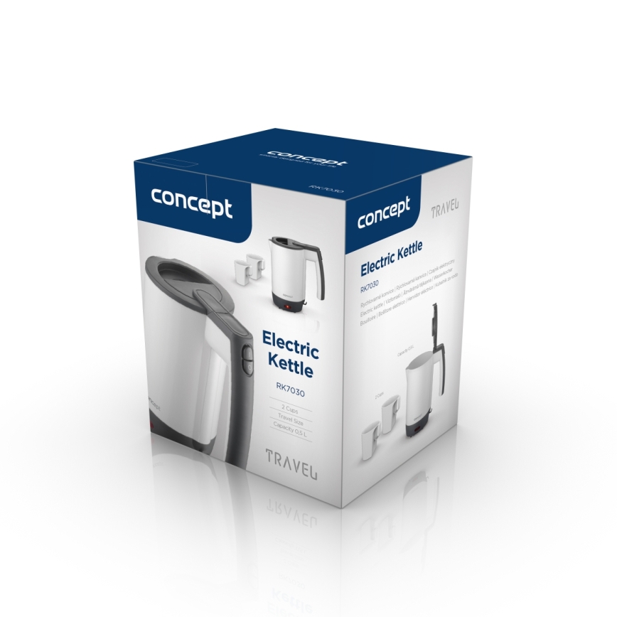 Concept RK7030 - Fierbător electric de călătorie 0,5 L, 1080 W / 230 V, gri/alb + 2 cești