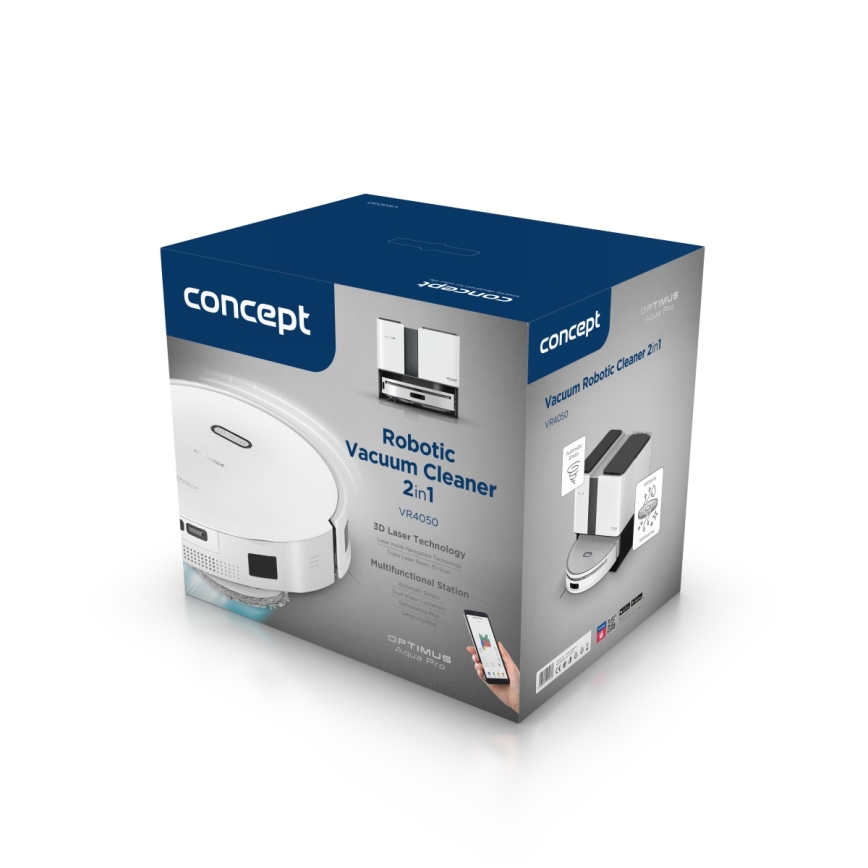 Concept VR4050 - Aspirator robot inteligent 2 în 1 cu mop OPTIMUS AQUA PRO LASER 3D, 600W/230V, 5200 mAh, Wi‑Fi, alb