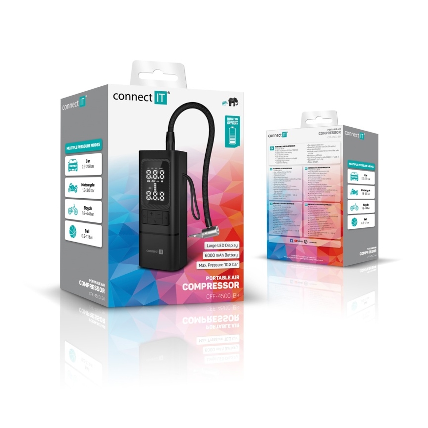 CONNECT IT CFF-4500-BK - Compresor portabil digital AirFlow, 80 W, 6000 mAh, negru