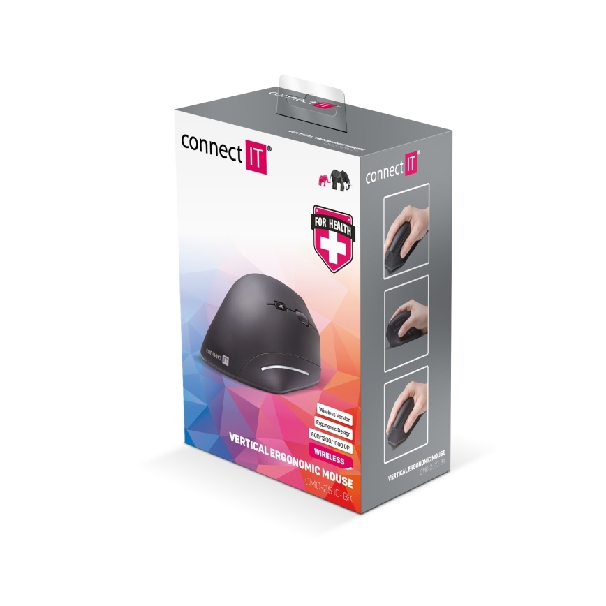 CONNECT IT CMO-2510-BK - mouse ergonomic fără fir Verti, 800/1200/1600 DPI, alimentare 2x AAA, negru