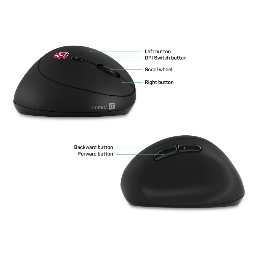 CONNECT IT CMO-2600-BK - Mouse ergonomic fără fir, 800/1200/1600 DPI, 1x AA, negru