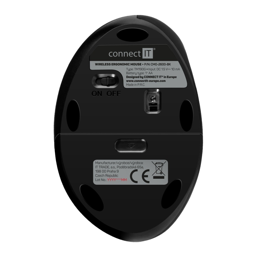 CONNECT IT CMO-2600-BK - Mouse ergonomic fără fir, 800/1200/1600 DPI, 1x AA, negru