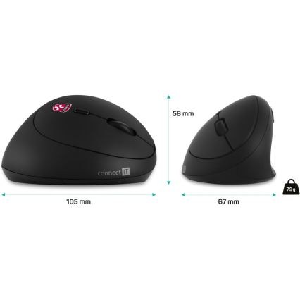 CONNECT IT CMO-2600-BK - Mouse ergonomic fără fir, 800/1200/1600 DPI, 1x AA, negru
