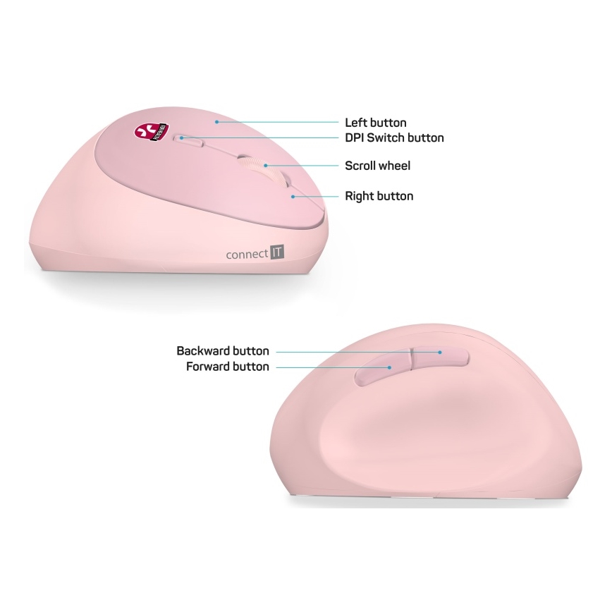 CONNECT IT CMO-2600-PK - Mouse fără fir ergonomic, 800/1200/1600 DPI, 1x baterie AA, roz