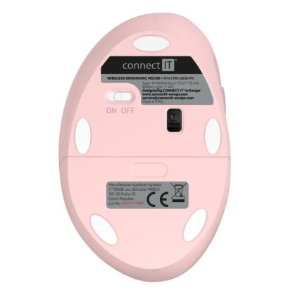CONNECT IT CMO-2600-PK - Mouse fără fir ergonomic, 800/1200/1600 DPI, 1x baterie AA, roz