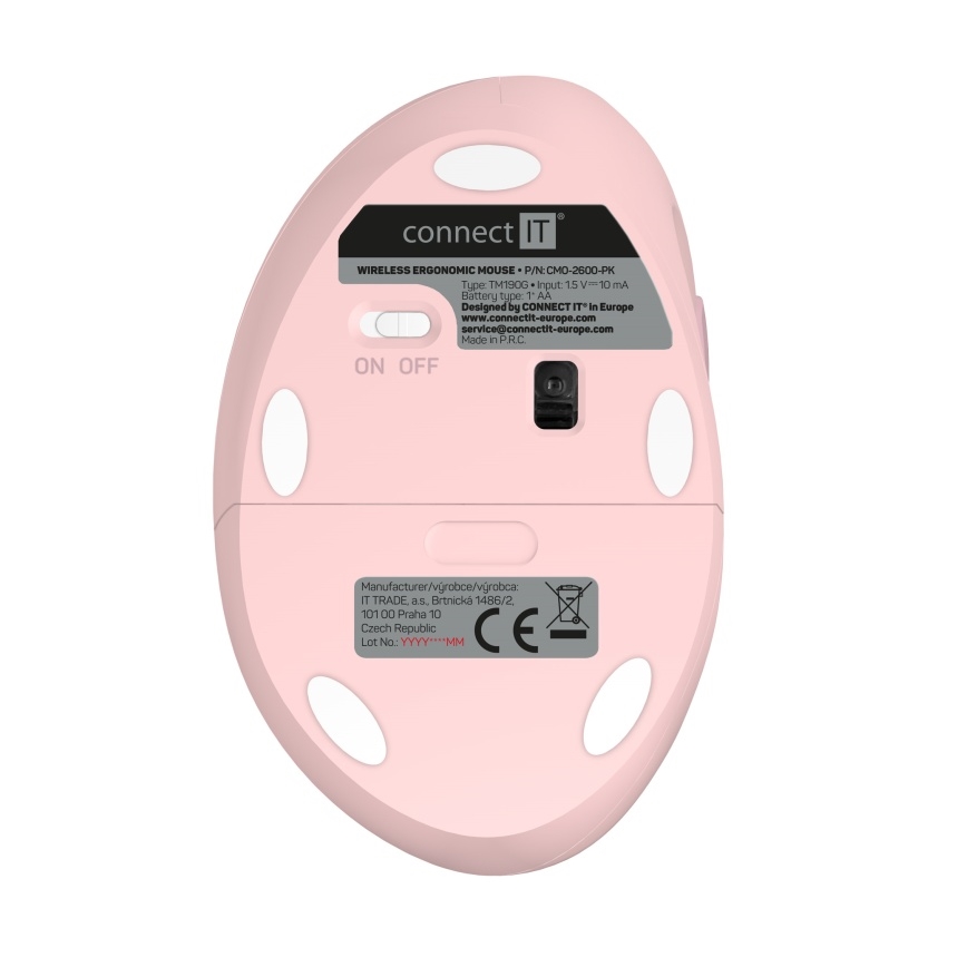 CONNECT IT CMO-2600-PK - Mouse fără fir ergonomic, 800/1200/1600 DPI, 1x baterie AA, roz