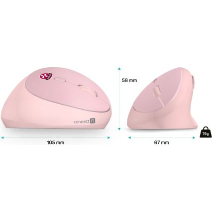 CONNECT IT CMO-2600-PK - Mouse fără fir ergonomic, 800/1200/1600 DPI, 1x baterie AA, roz