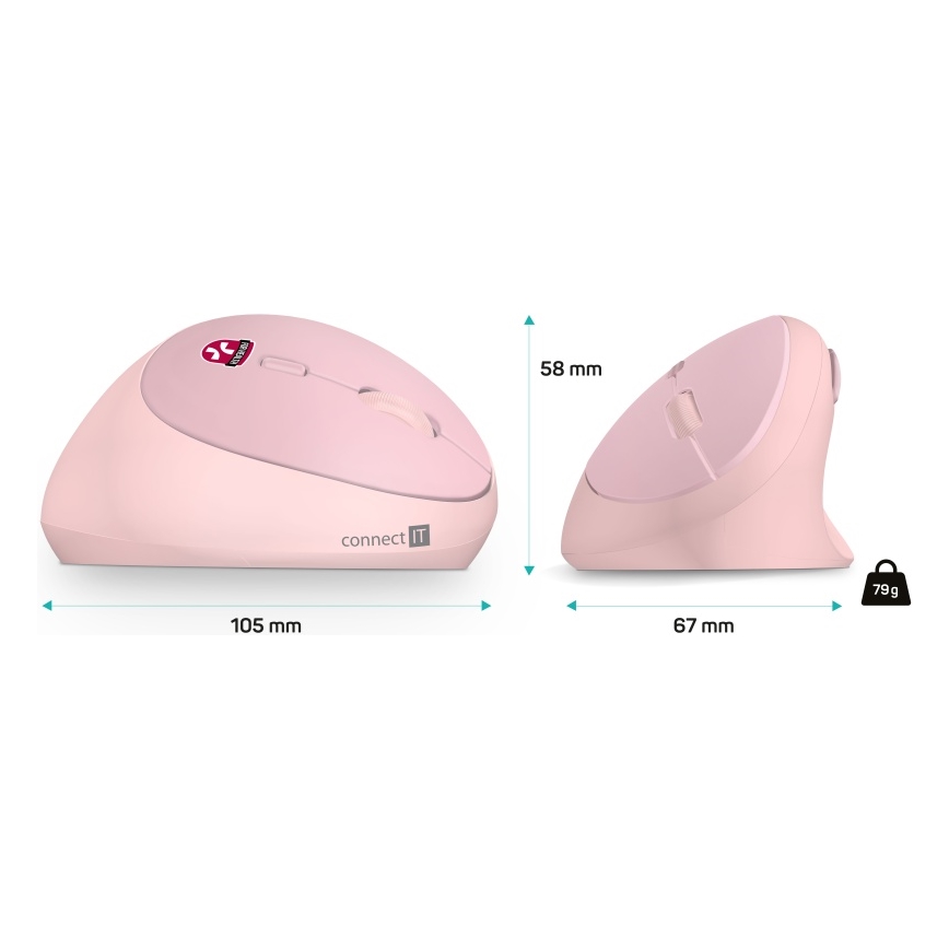 CONNECT IT CMO-2600-PK - Mouse fără fir ergonomic, 800/1200/1600 DPI, 1x baterie AA, roz