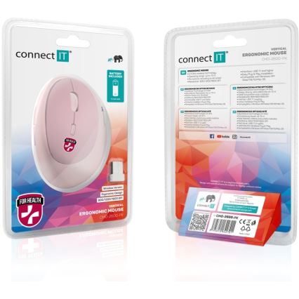CONNECT IT CMO-2600-PK - Mouse fără fir ergonomic, 800/1200/1600 DPI, 1x baterie AA, roz