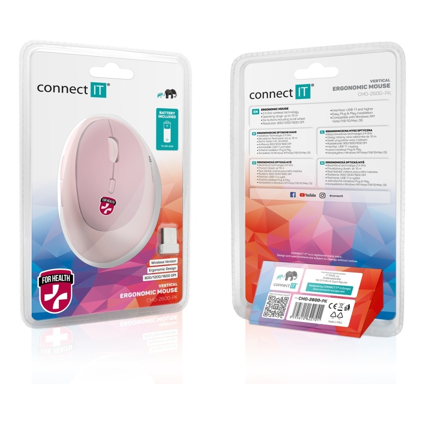 CONNECT IT CMO-2600-PK - Mouse fără fir ergonomic, 800/1200/1600 DPI, 1x baterie AA, roz