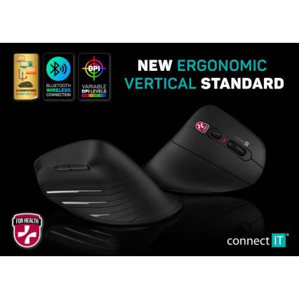 CONNECT IT CMO-2880-BK - Mouse Verti TriMode ergonomic, fără fir, 1000/1600/2400 DPI, 2x AAA, negru