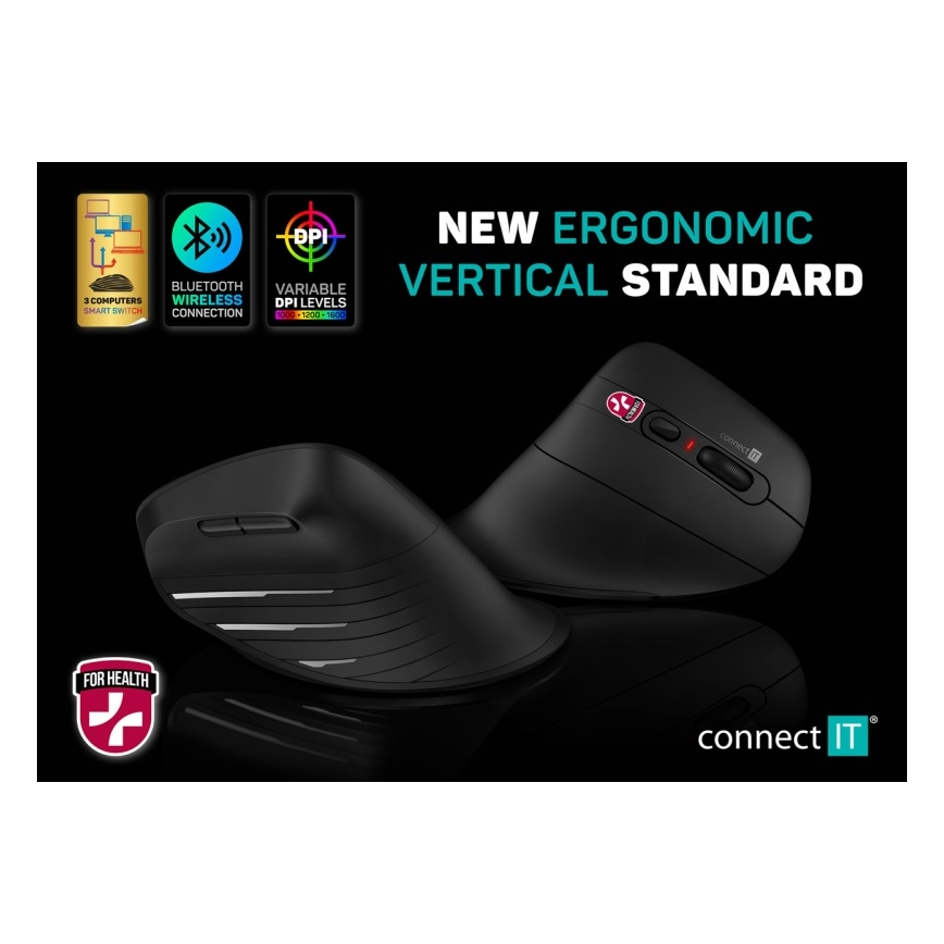 CONNECT IT CMO-2880-BK - Mouse Verti TriMode ergonomic, fără fir, 1000/1600/2400 DPI, 2x AAA, negru