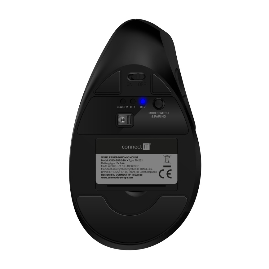 CONNECT IT CMO-2880-BK - Mouse Verti TriMode ergonomic, fără fir, 1000/1600/2400 DPI, 2x AAA, negru