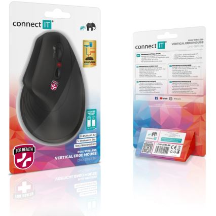 CONNECT IT CMO-2880-BK - Mouse Verti TriMode ergonomic, fără fir, 1000/1600/2400 DPI, 2x AAA, negru