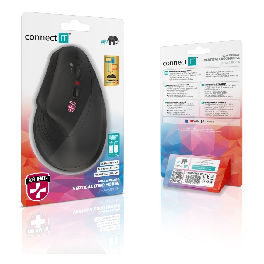 CONNECT IT CMO-2880-BK - Mouse Verti TriMode ergonomic, fără fir, 1000/1600/2400 DPI, 2x AAA, negru