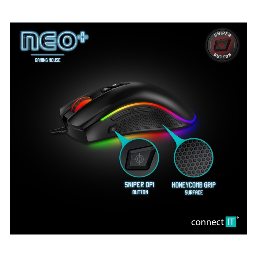 CONNECT IT CMO-3591-BK - Mouse de gaming cu fir LED RGB, 500-7200 DPI, neagră