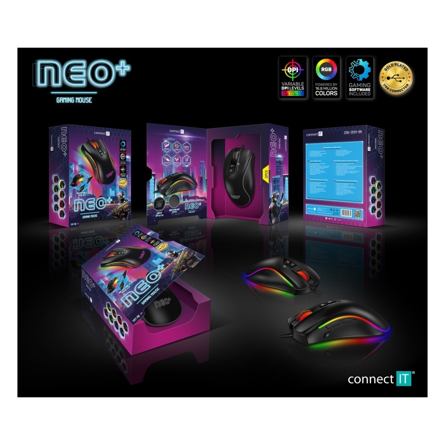 CONNECT IT CMO-3591-BK - Mouse de gaming cu fir LED RGB, 500-7200 DPI, neagră
