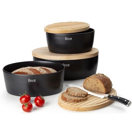 Continenta C3730 - Cutie de pâine cu capac 30x23 cm neagră/lemn de cauciuc
