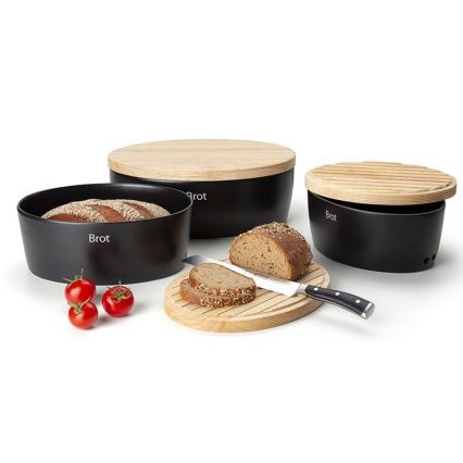 Continenta C3730 - Cutie de pâine cu capac 30x23 cm neagră/lemn de cauciuc