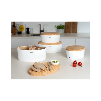 Continenta C3936 - Cutie pentru pâine cu capac, 36x23 cm, alb/lemn de cauciuc