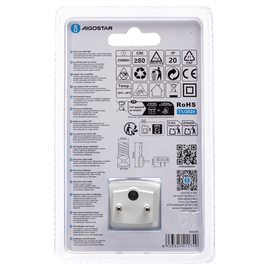 Corp de iluminat LED de veghe cu senzor crepuscular Aigostar LED/0,2W/230V 3000K